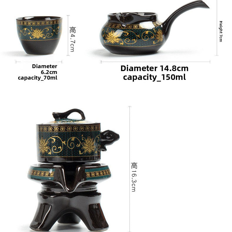 Ceramic tea set with dimensions and capacity details on a white background