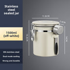 Stainless steel sealed jar with dimensions and product details on a gray background