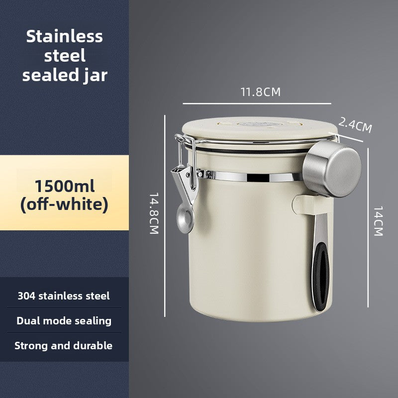 Stainless steel sealed jar with dimensions and product details on a gray background